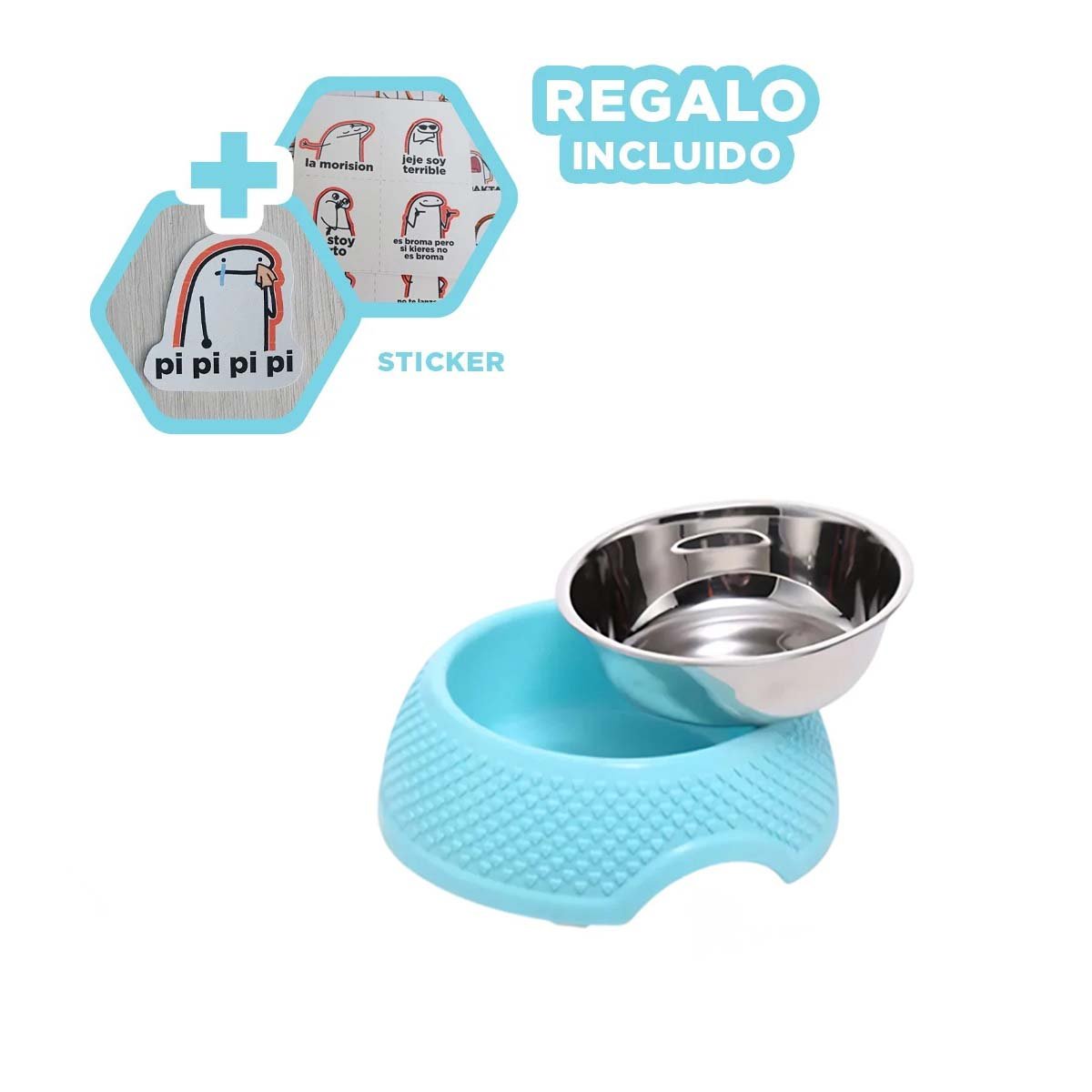 COMEDERO CELESTE PASTEL CON CORAZONES EN RELIEVE Y DESMONTABLE DE ACERO Y+REGALO STICKER - 1