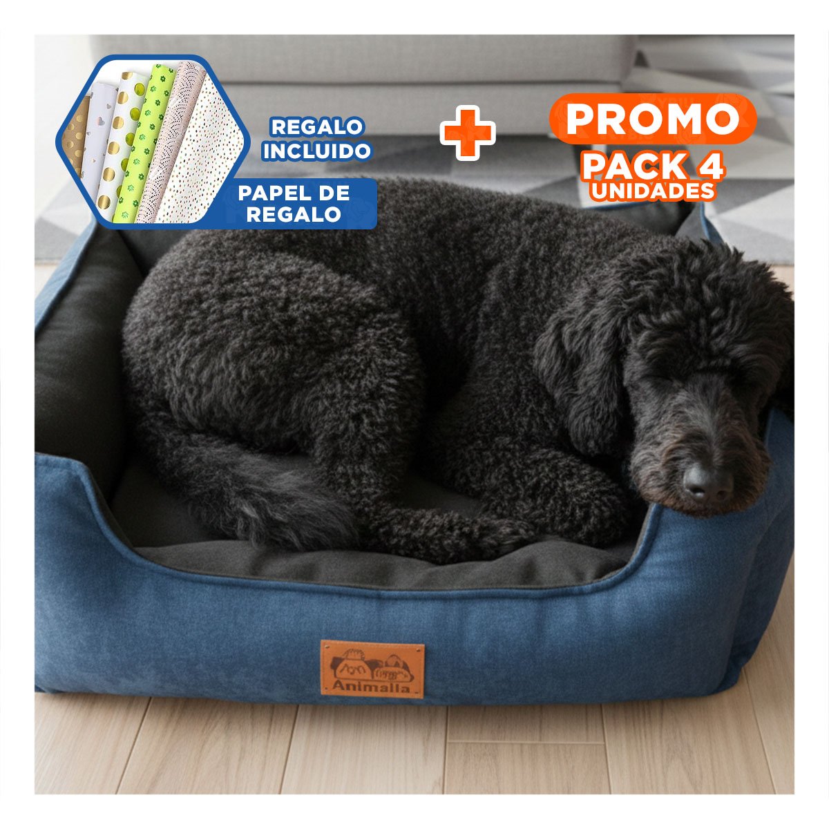 PACK4 NIDO CENTRO NEGRO PARA MASCOTAS Y EN COLOR AZUL LABRADO DE TALLA S COMODO Y+PAPEL REGALO - 1
