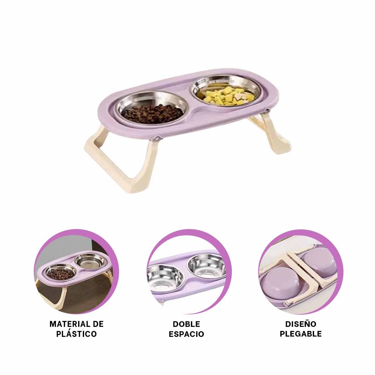 PLATO DOBLE EN COLOR LILA ELEVADO PLEGABLE Y DESMONTABLE PARA MASCOTAS - 3