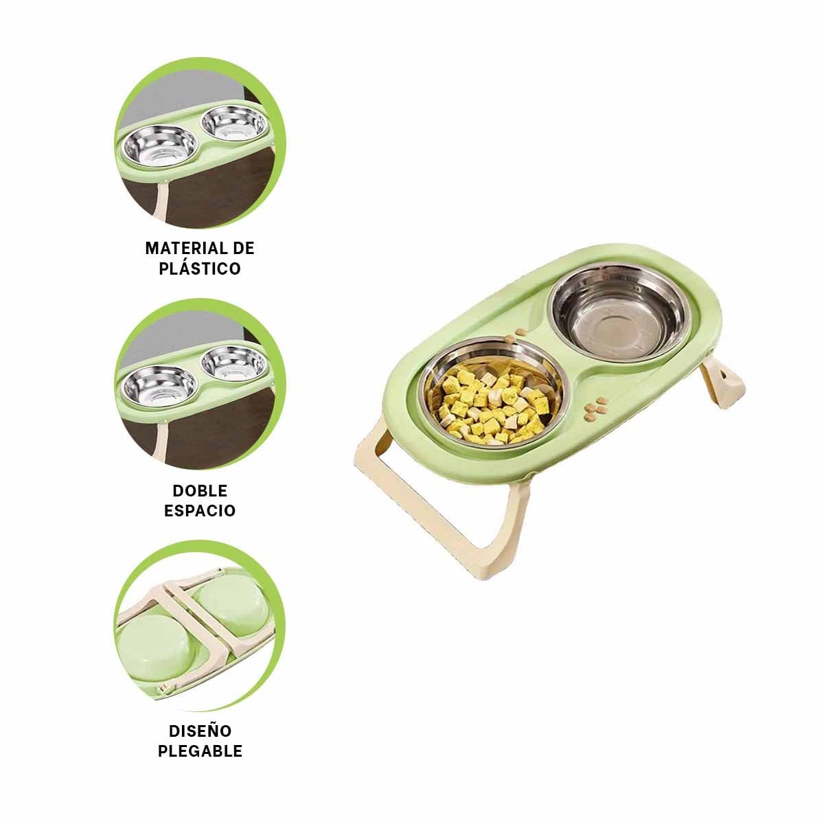 PLATO DOBLE EN COLOR VERDE ELEVADO PLEGABLE Y DESMONTABLE PARA MASCOTAS - 3