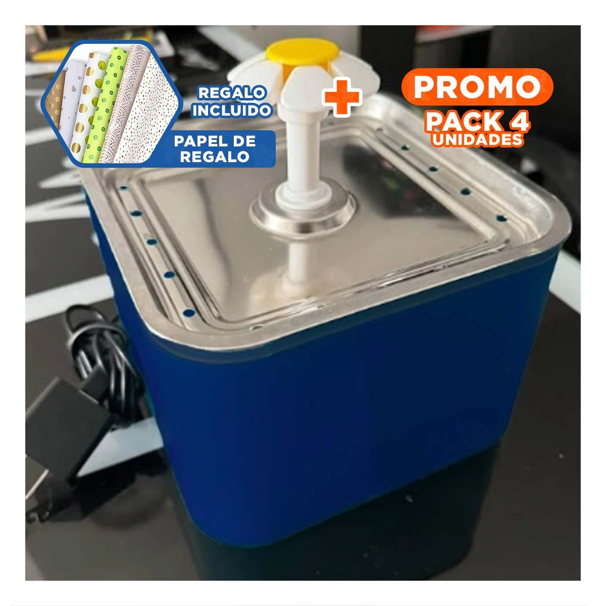 PACK4 FUENTE AZUL CON AGUA DE MATERIAL DE ACERO INOXIDABLE Y CUADRADO COMODA Y+PAPEL REGALO - 1