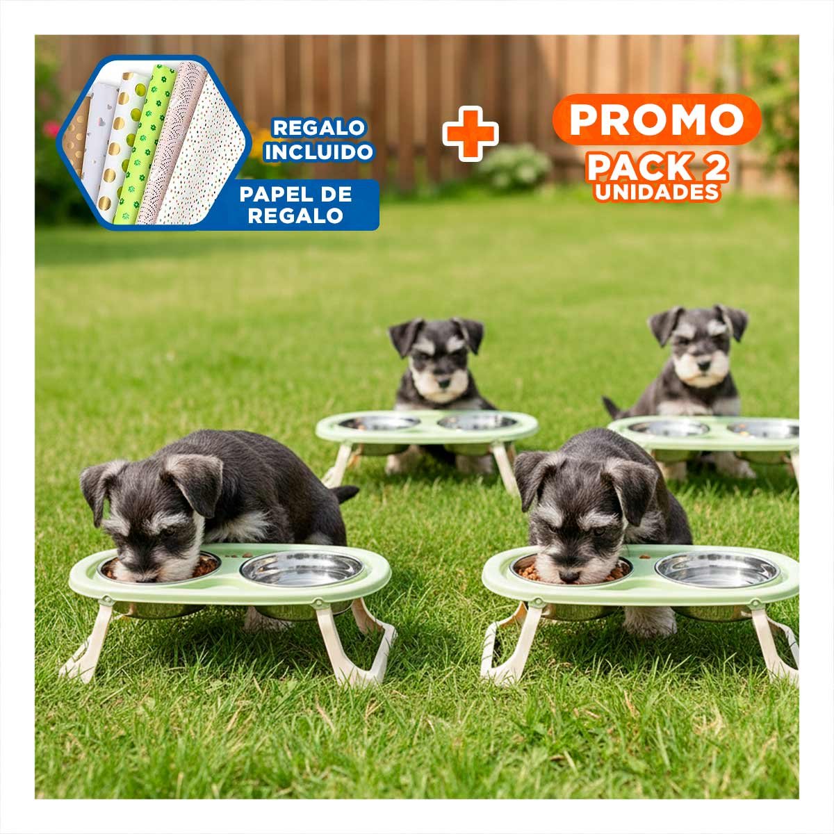 PACK2 COMEDERO DOBLE PLEGABLE EN COLOR VERDE ELEVADO Y DESMONTABLE COMODO Y+PAPEL REGALO - 1