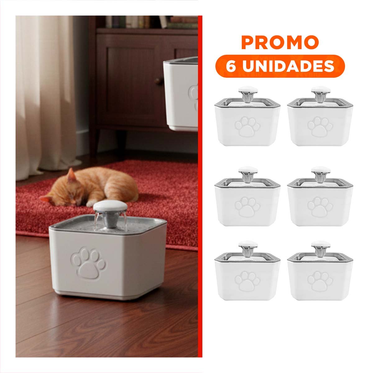 PACK6 FUENTE CUADRADA CON AGUA Y FORMA DE HUELLITA BLANCA Y PLOMO PARA MASCOTAS - 1