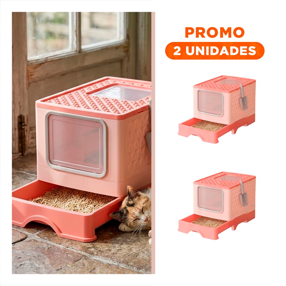 PACK2 ARENERO CON BANDEJA DESMONTABLE Y COMPARTIMENTO PARA ACCESORIOS EN COLOR ROSADO - 1