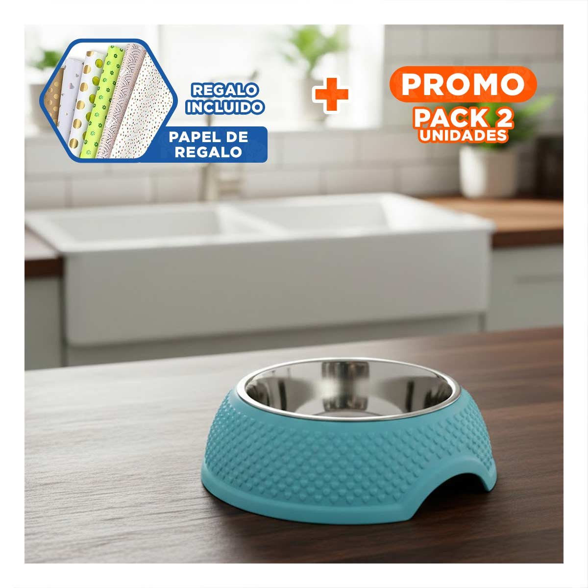 PACK2 PLATO CELESTE PASTEL CON CORAZONES EN RELIEVE, DESMONTABLE Y DE ACERO Y+PAPEL REGALO - 1