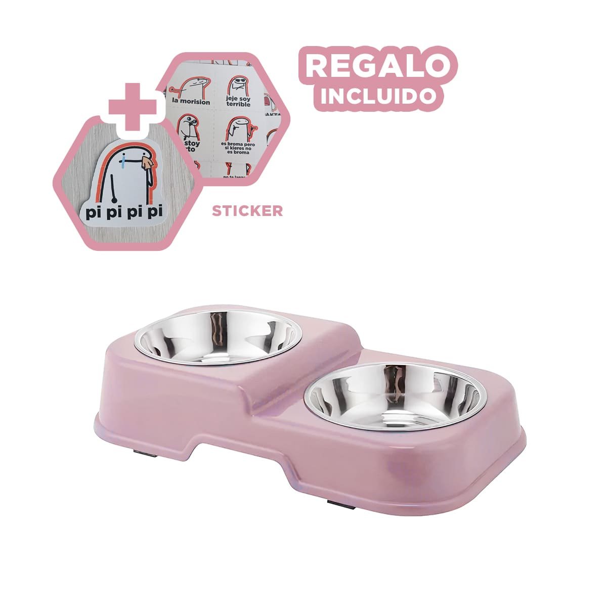 COMEDERO EN COLOR ROSADO DE DOS NIVELES DOBLE CON PLATOS DESMONTABLES FACIL Y+REGALO STICKER - 1