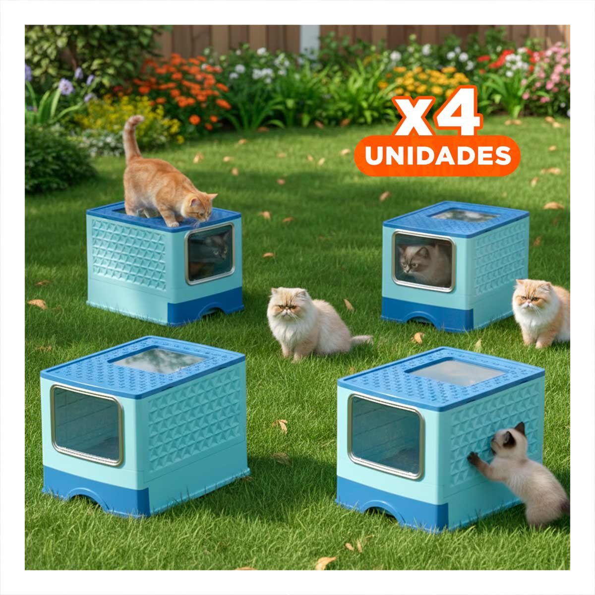 PACK4 CONTENEDOR CON COMPARTIMENTO Y BANDEJA SUPERIOR PARA HIGIENE FELINA EN CELESTE - 1