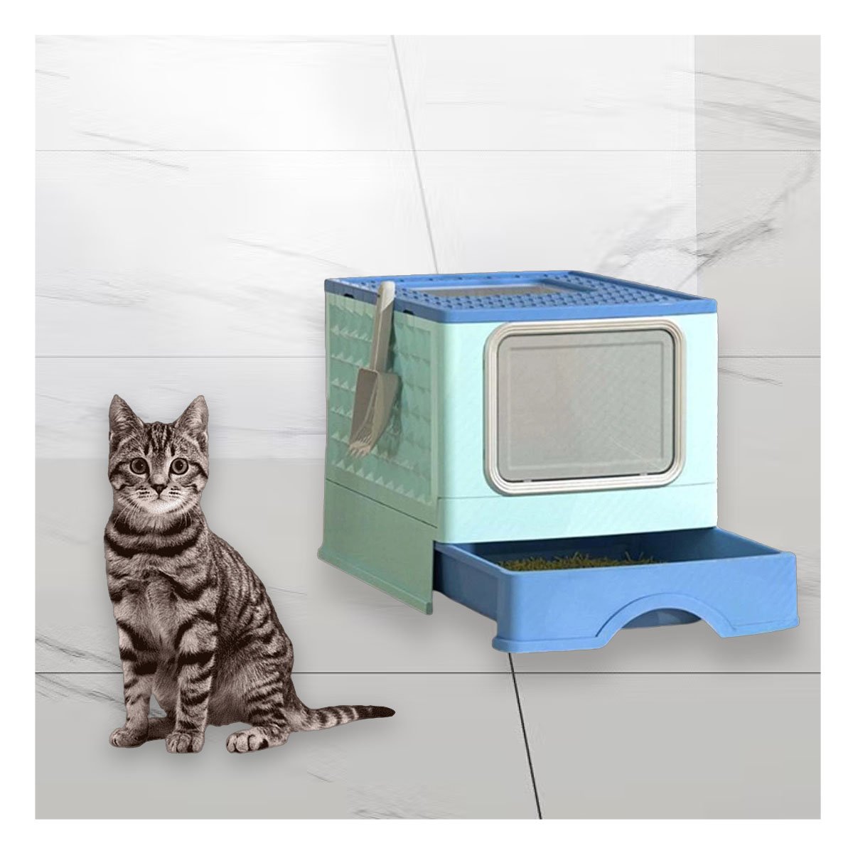 PACK4 CONTENEDOR CON COMPARTIMENTO Y BANDEJA SUPERIOR PARA HIGIENE FELINA EN CELESTE - 2