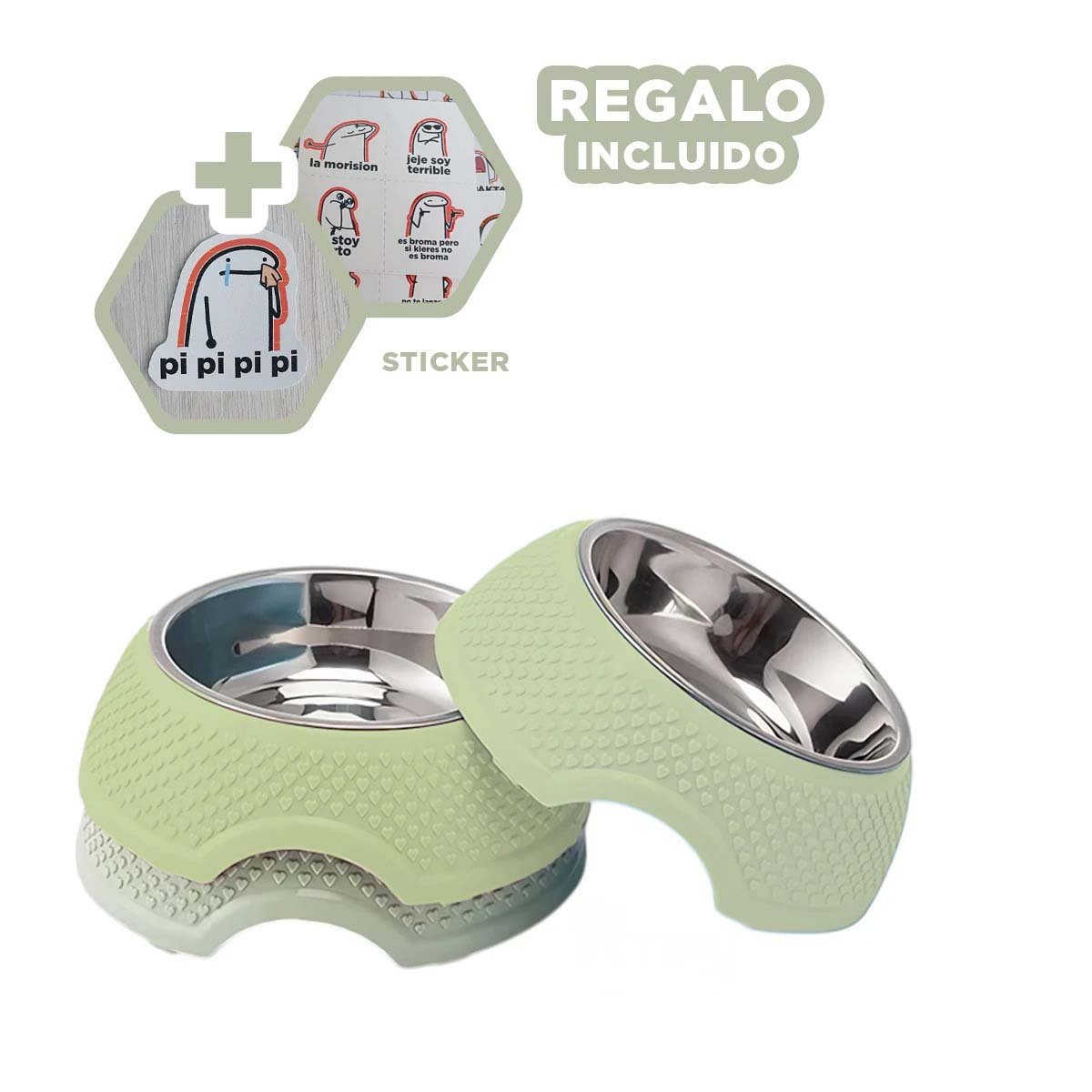 COMEDERO VERDE PASTEL CON CORAZONES EN RELIEVE Y DESMONTABLE DE ACERO Y+REGALO STICKER - 1