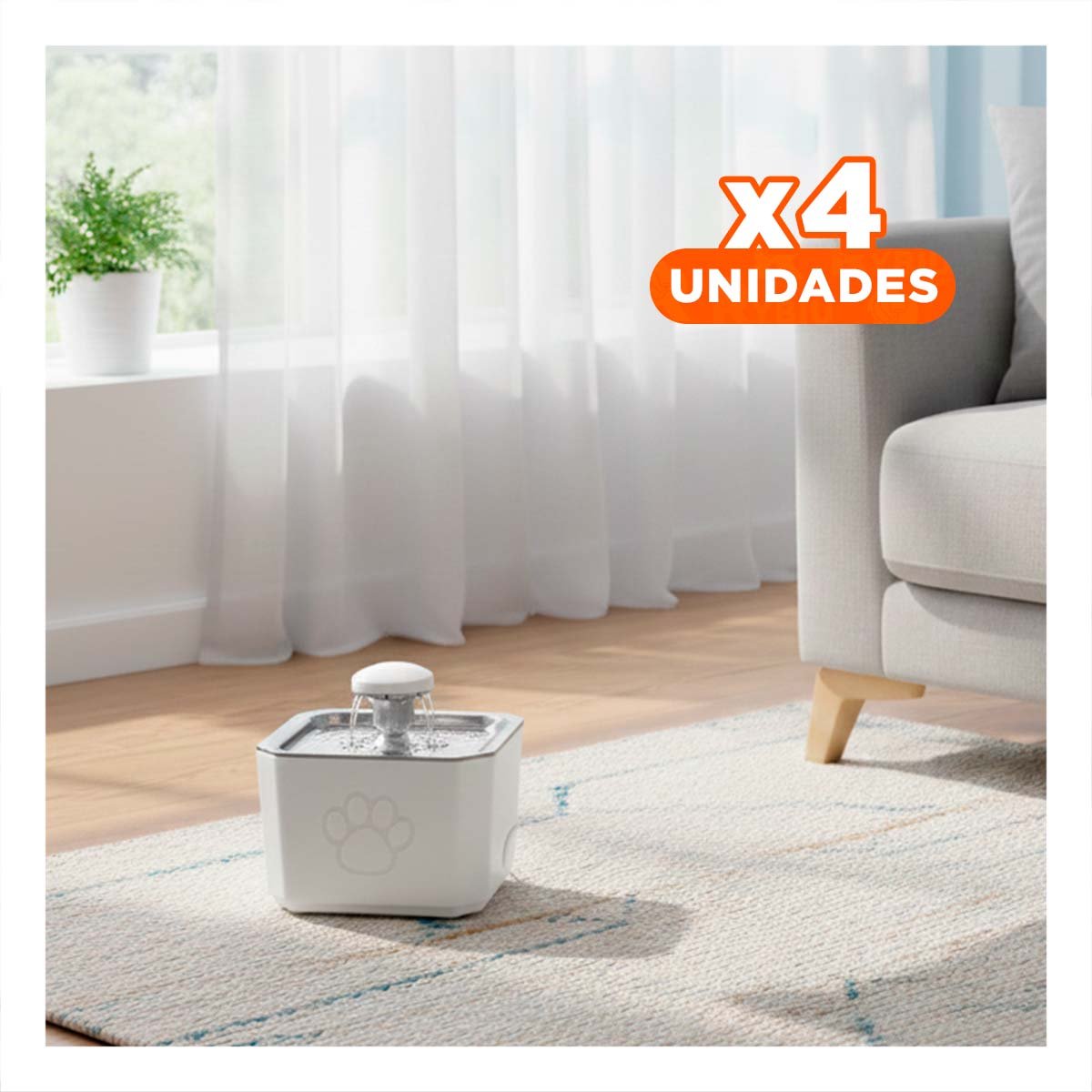 PACK4 DISPENSADOR BLANCO CON FORMA DE HUELLITA Y AGUA PLOMO CUADRADO PARA MASCOTAS - 1