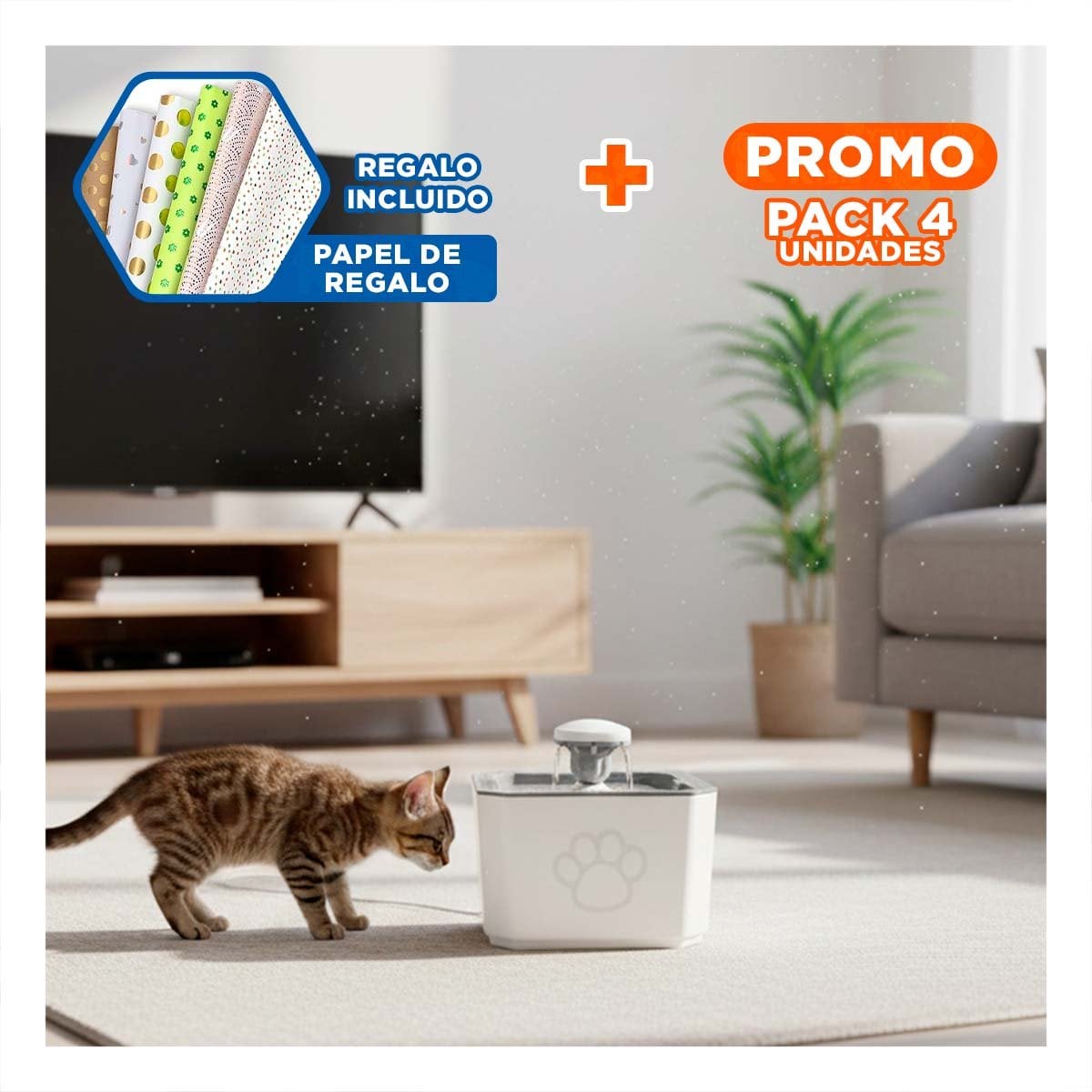 PACK4 FUENTE PLOMO CON AGUA FORMA DE HUELLITA Y CUADRADO BLANCO COMODA Y+PAPEL REGALO - 1