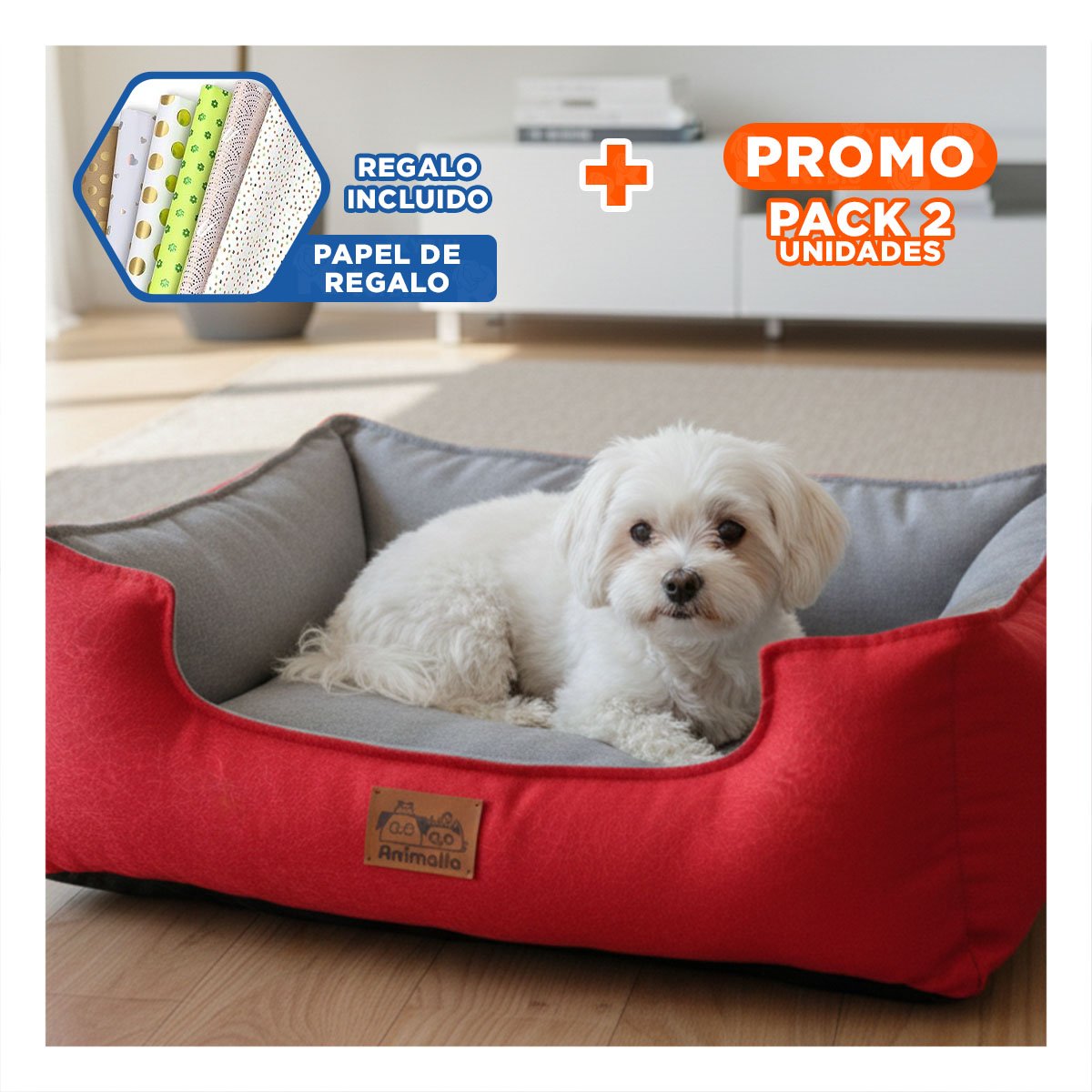 PACK2 LECHO ROJO LABRADO PARA PERRO TALLA S CON CENTRO PLOMO Y+PAPEL REGALO - 1