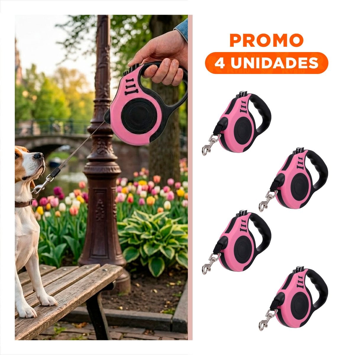 PACK4 HILO FLEXIBLE ROSADO 3 METROS PARA PERROS CON MECANISMO CONFIABLE Y+REGALO STICKER - 1