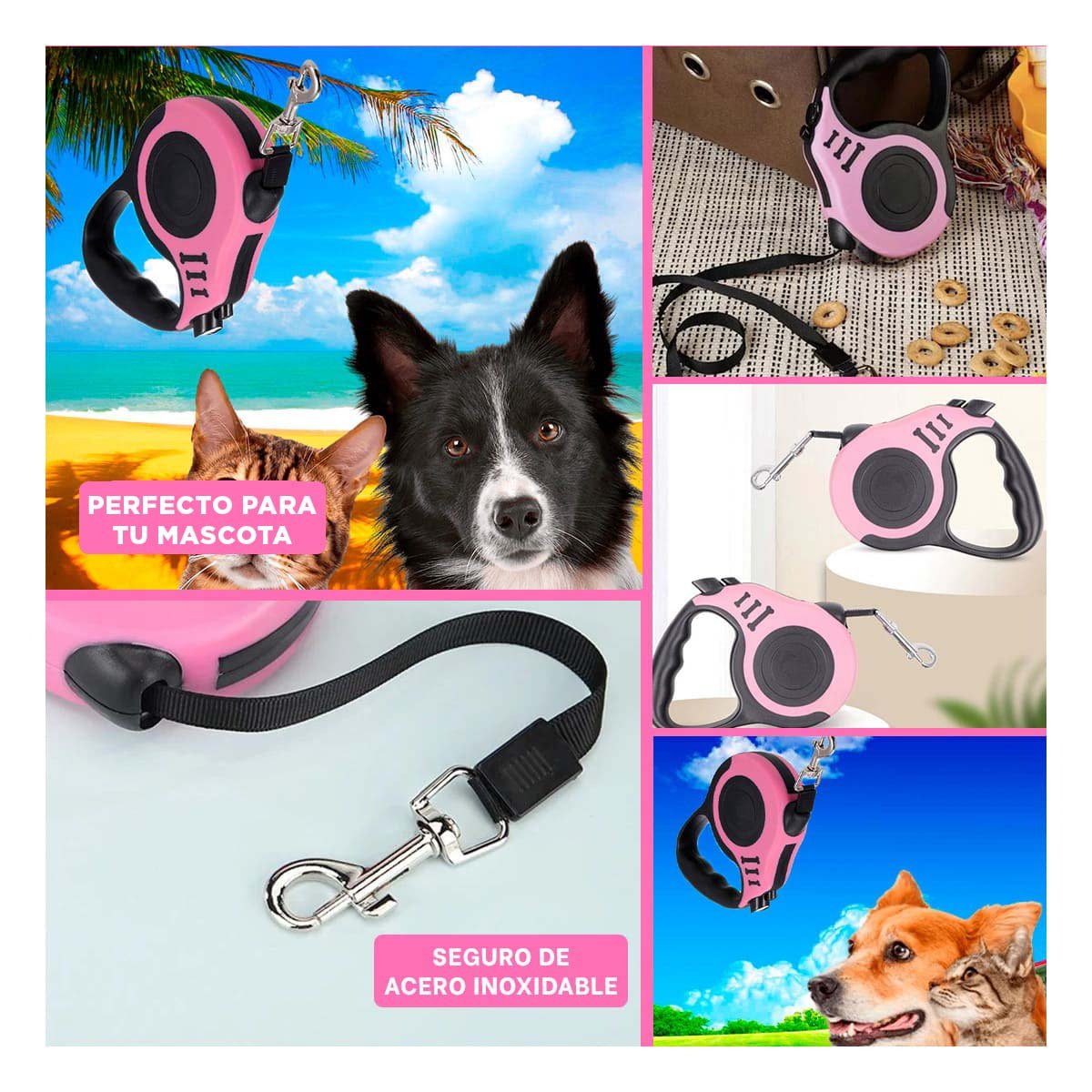 PACK4 HILO FLEXIBLE ROSADO 3 METROS PARA PERROS CON MECANISMO CONFIABLE Y+REGALO STICKER - 2