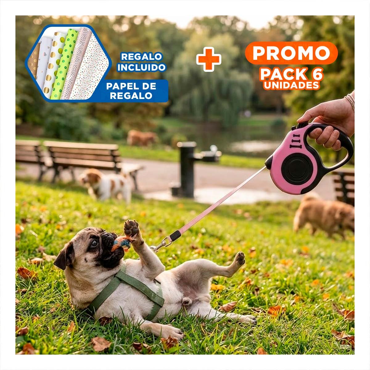 PACK6 HILO CONFIABLE ROSADO 3 METROS PARA MASCOTAS CON SISTEMA SEGURO Y+PAPEL REGALO - 1