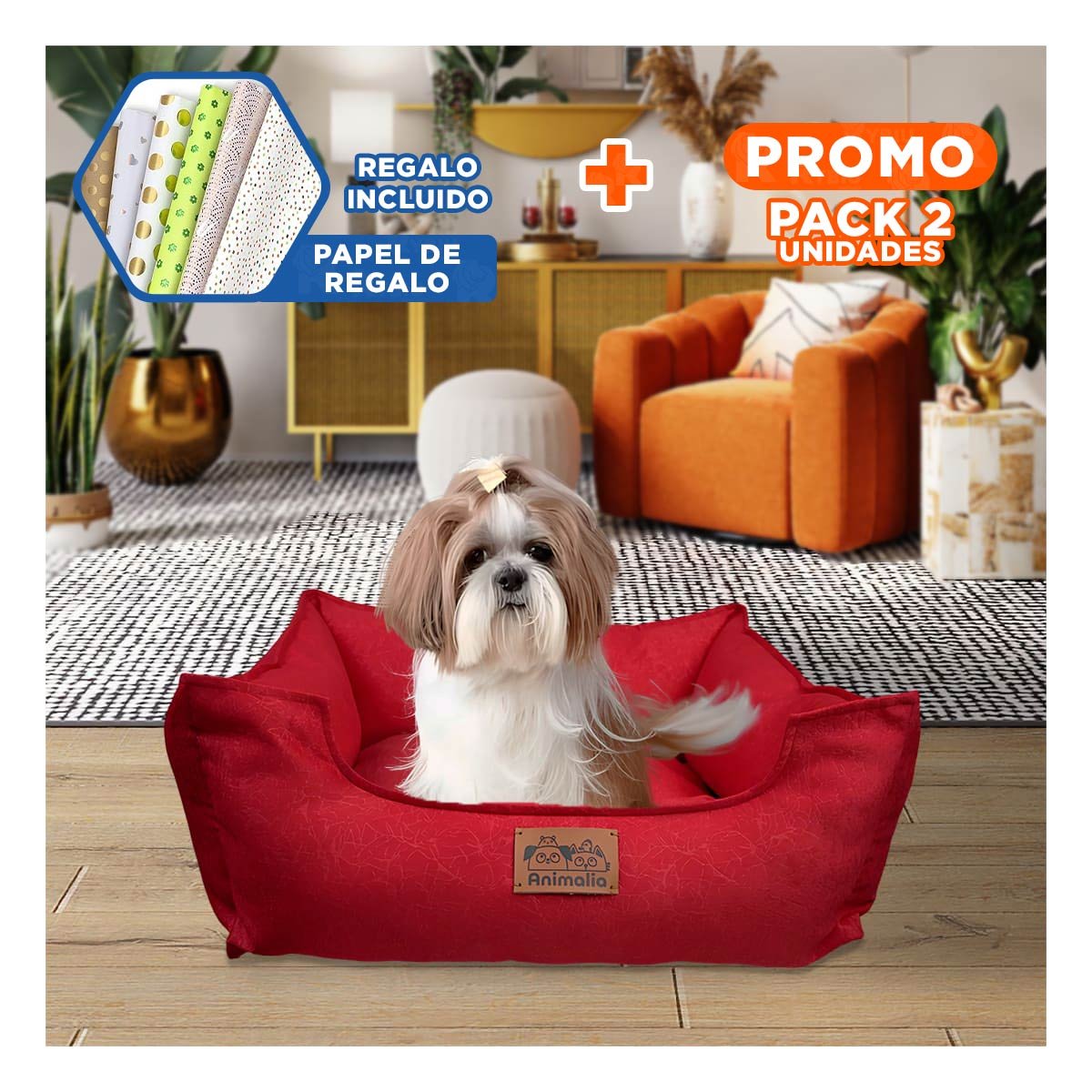 PACK2 LECHO ROJO PARA PERRO TALLA S CON COMPLETO Y+PAPEL REGALO - 1