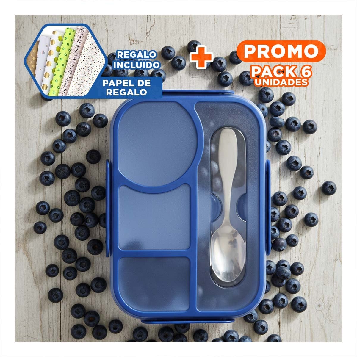 PACK6 ORGANIZADOR RECTANGULAR 4 ESPACIOS CON TENEDOR 1100ML AZUL DURADERO Y+PAPEL REGALO - 1