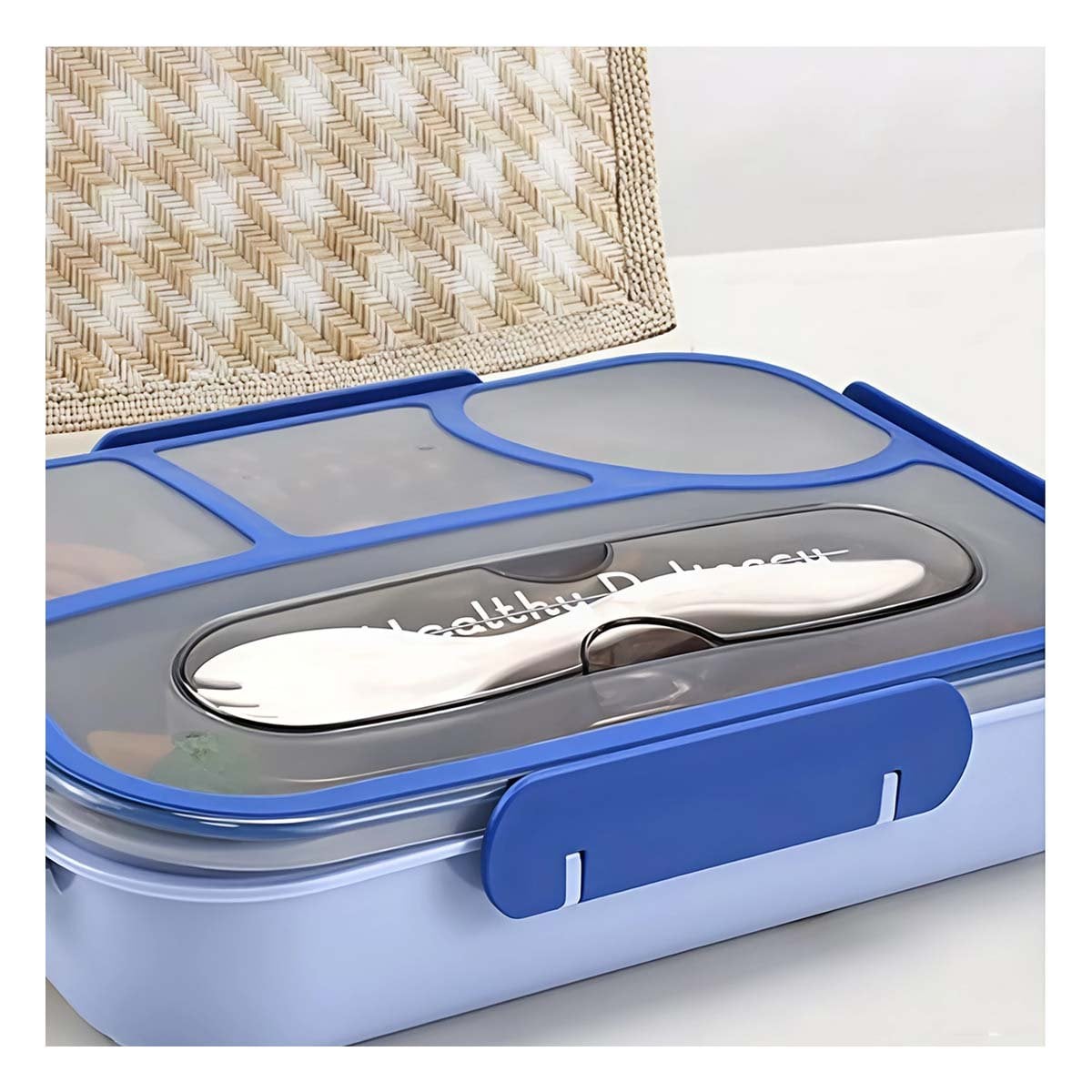 PACK6 ORGANIZADOR RECTANGULAR 4 ESPACIOS CON TENEDOR 1100ML AZUL DURADERO Y+PAPEL REGALO - 2