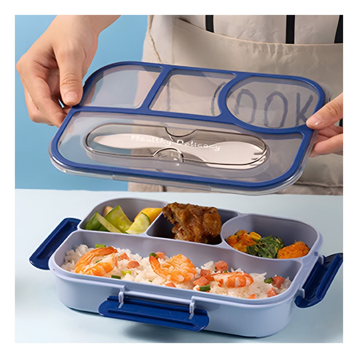PACK6 ORGANIZADOR RECTANGULAR 4 ESPACIOS CON TENEDOR 1100ML AZUL DURADERO Y+PAPEL REGALO - 5