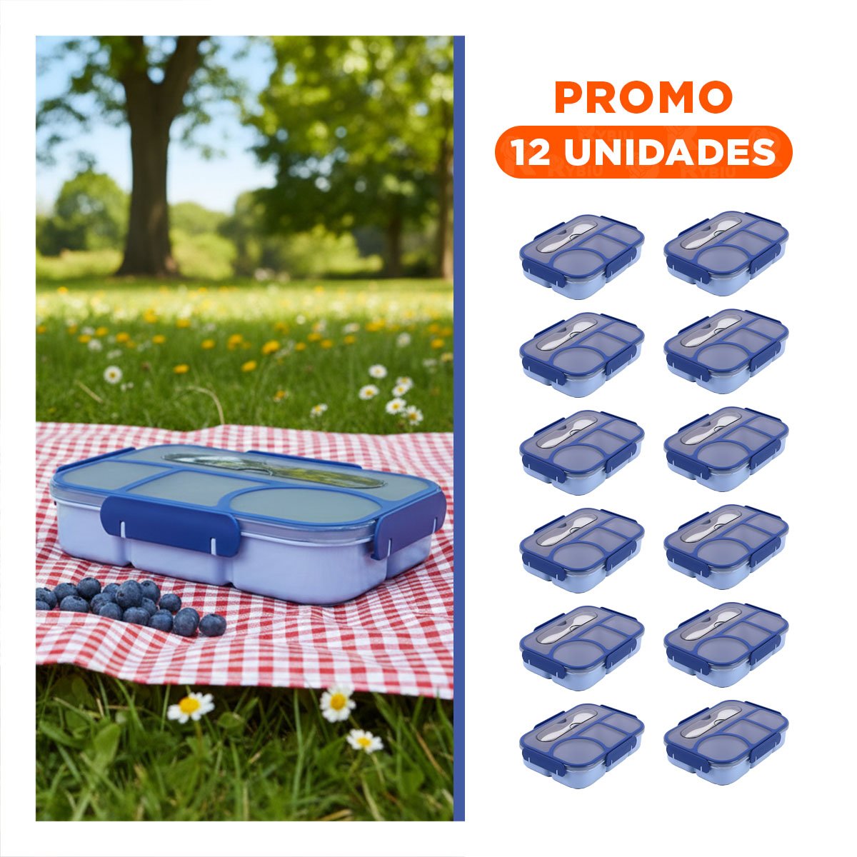 PACK12 PORTACOMIDAS RECTANGULAR 4 ESPACIOS CON TENEDOR 1100ML AZUL PRACTICO Y+REGALO STICKER - 1