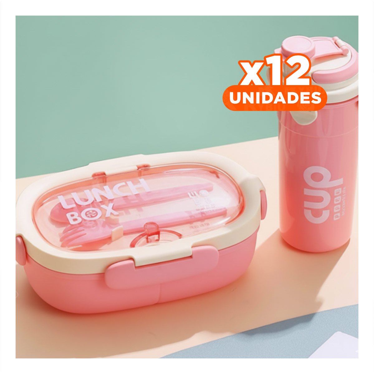PACK12 KIT ALMUERZO 850ML CON CUBIERTOS Y TOMATODO 480ML ROSADO PARA CASA - 1