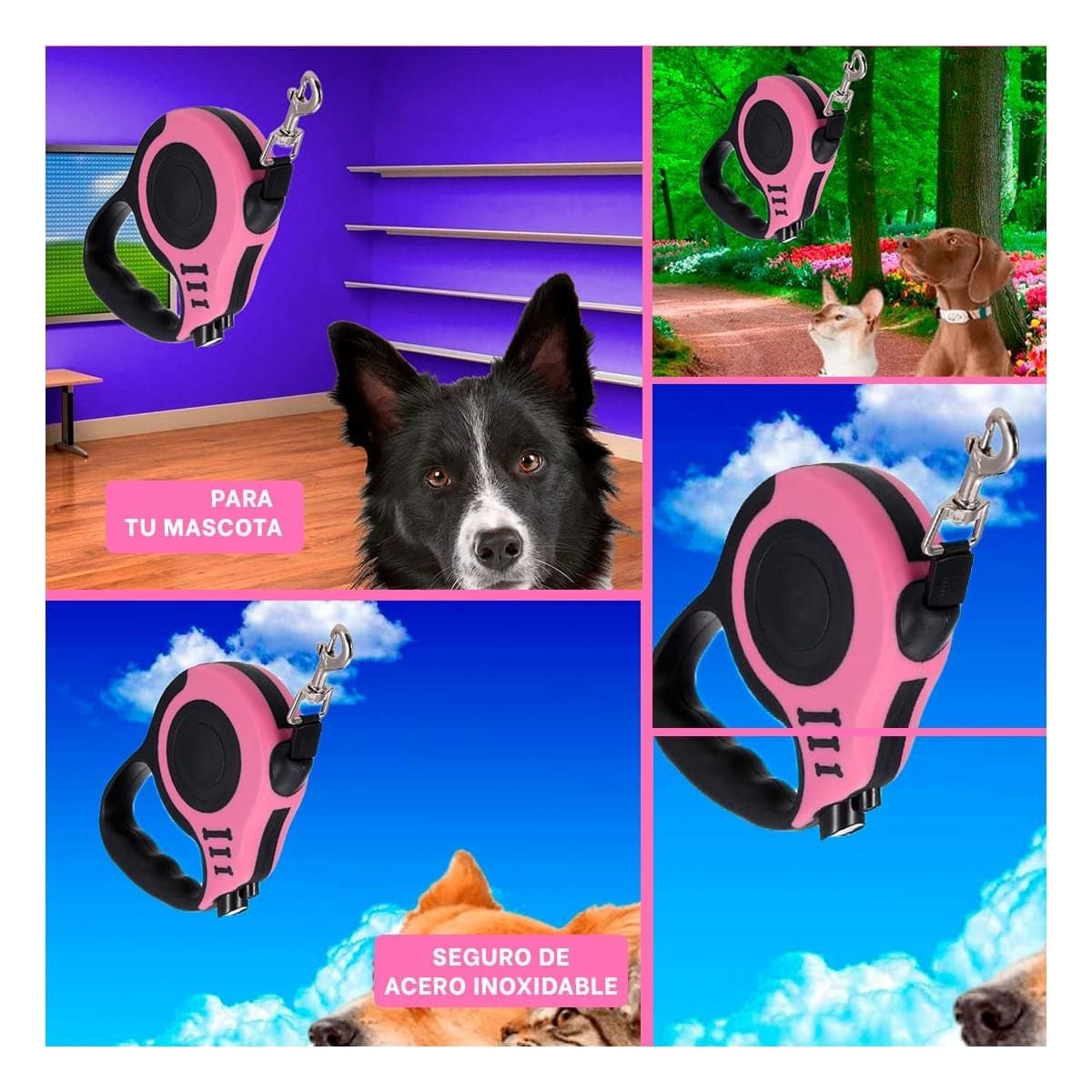 PACK4 HILO FLEXIBLE ROSADO 5 METROS PARA PERROS CON MECANISMO CONFIABLE Y+REGALO STICKER - 2