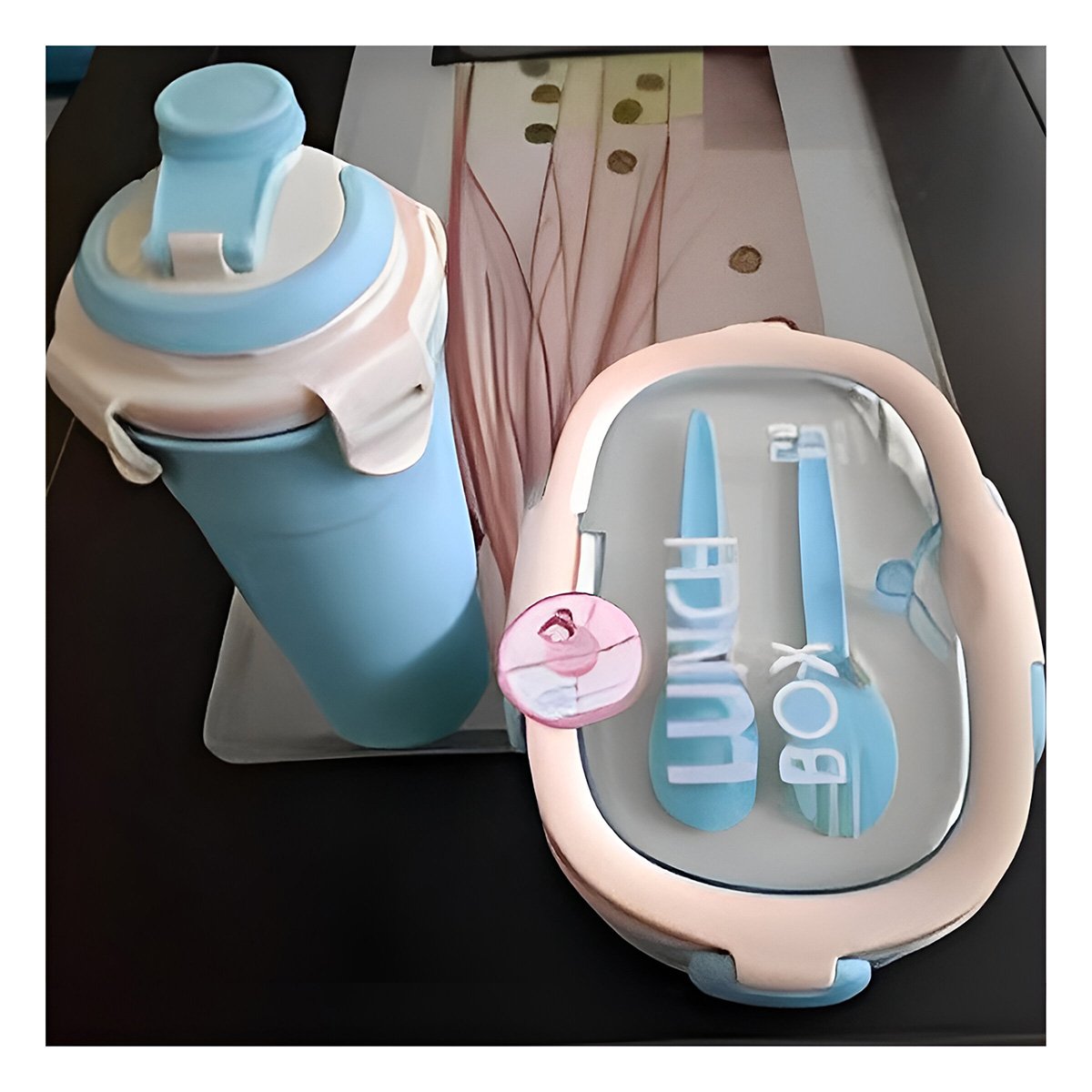 CONTENEDOR 850ML CON CUBIERTOS Y TOMATODO 480ML CELESTE MODERNO SEGURO Y+PAPEL REGALO - 3