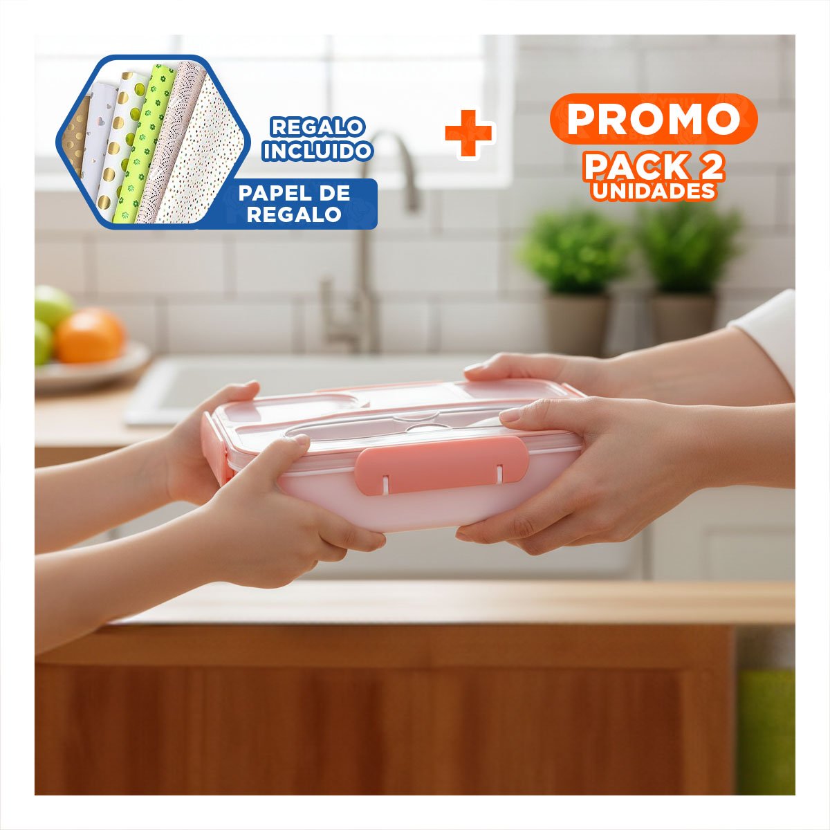 PACK2 LONCHERA RECTANGULAR 4 ESPACIOS CON TENEDOR 1100ML ROSADO PRACTICO Y+PAPEL REGALO - 1