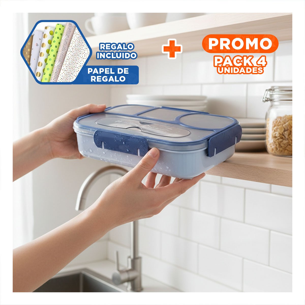 PACK4 ORGANIZADOR RECTANGULAR 4 ESPACIOS CON TENEDOR 1100ML AZUL MODERNO Y+PAPEL REGALO - 1