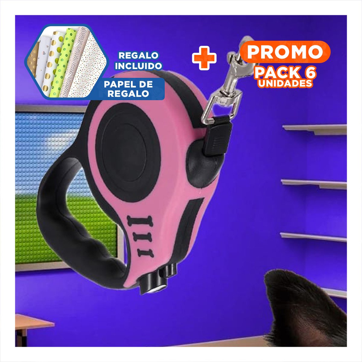 PACK6 HILO CONFIABLE ROSADO 5 METROS PARA MASCOTAS CON SISTEMA SEGURO Y+PAPEL REGALO - 1