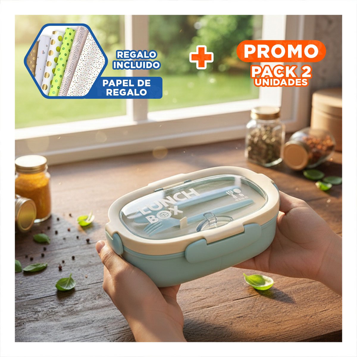 PACK2 LONCHERA 850ML CON CUBIERTOS Y TOMATODO 480ML CELESTE PRACTICO Y+PAPEL REGALO - 1