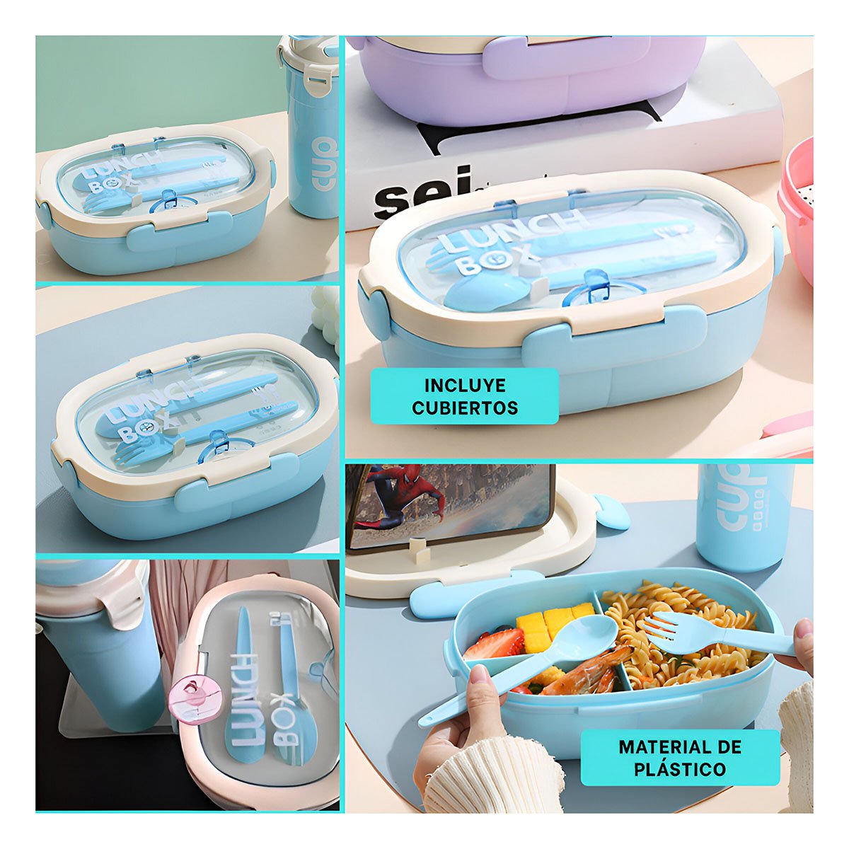 PACK2 LONCHERA 850ML CON CUBIERTOS Y TOMATODO 480ML CELESTE PRACTICO Y+PAPEL REGALO - 3