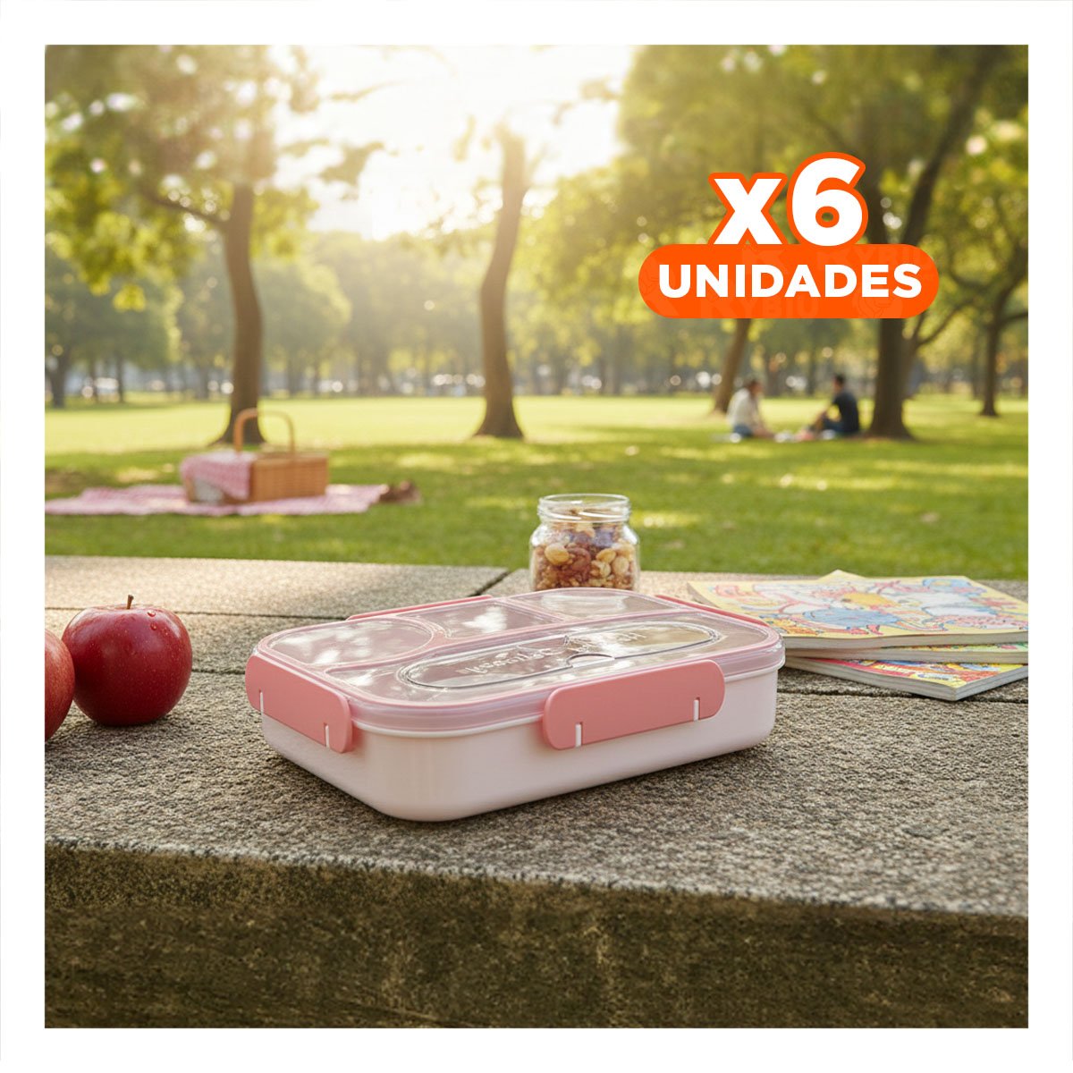 PACK6 PORTACOMIDAS RECTANGULAR 4 ESPACIOS CON TENEDOR 1100ML ROSADO HERMETICO Y+REGALO STICKER - 1