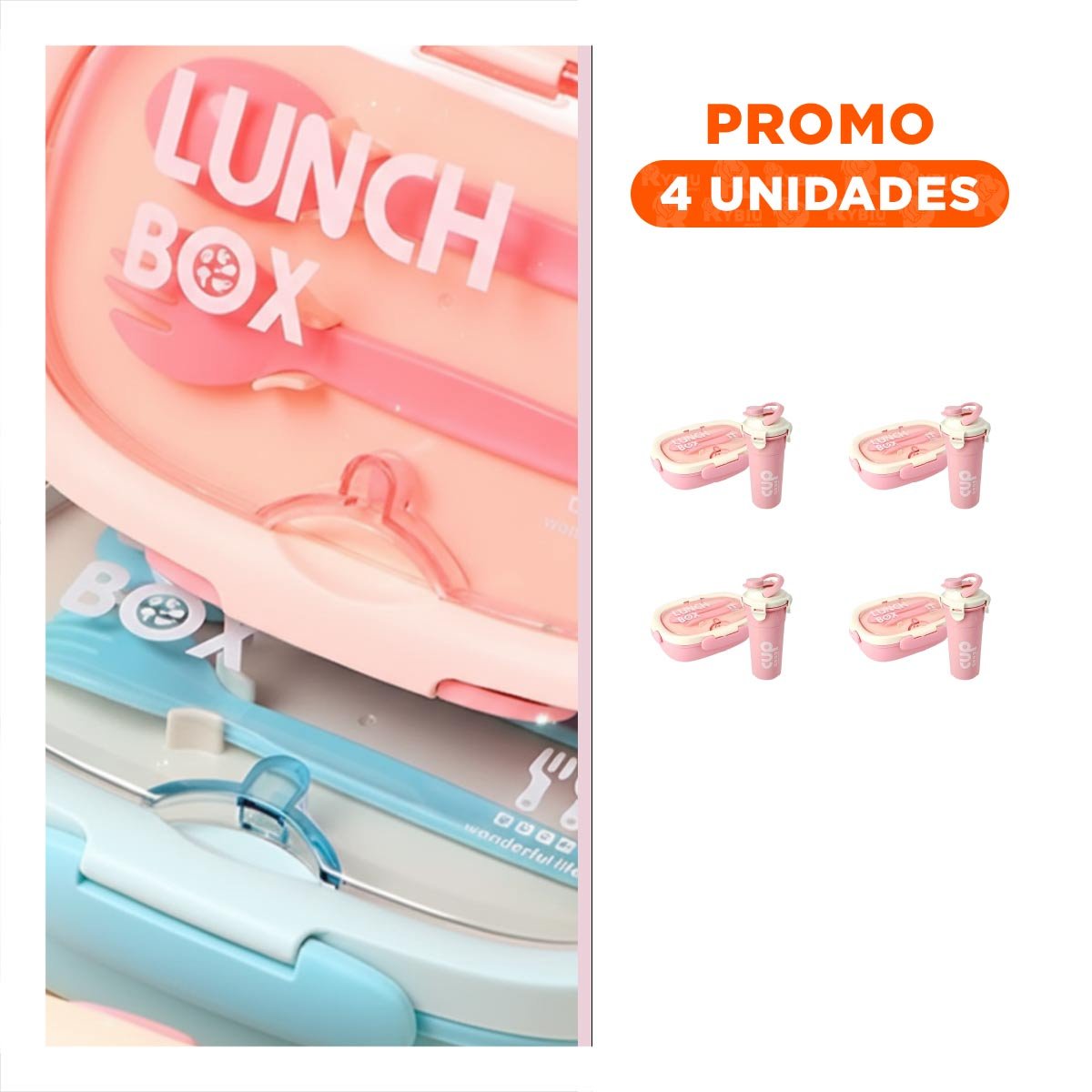 PACK4 SET ALMUERZO 850ML CON CUBIERTOS Y TOMATODO 480ML ROSADO PARA TRABAJO Y+REGALO STICKER - 1