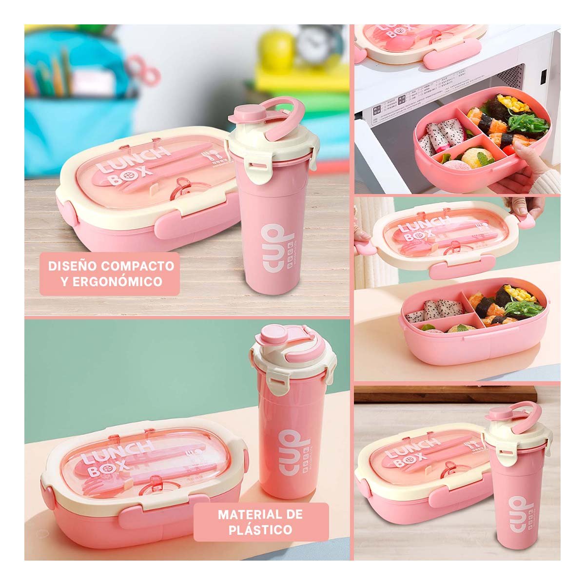 PACK4 SET ALMUERZO 850ML CON CUBIERTOS Y TOMATODO 480ML ROSADO PARA TRABAJO Y+REGALO STICKER - 2