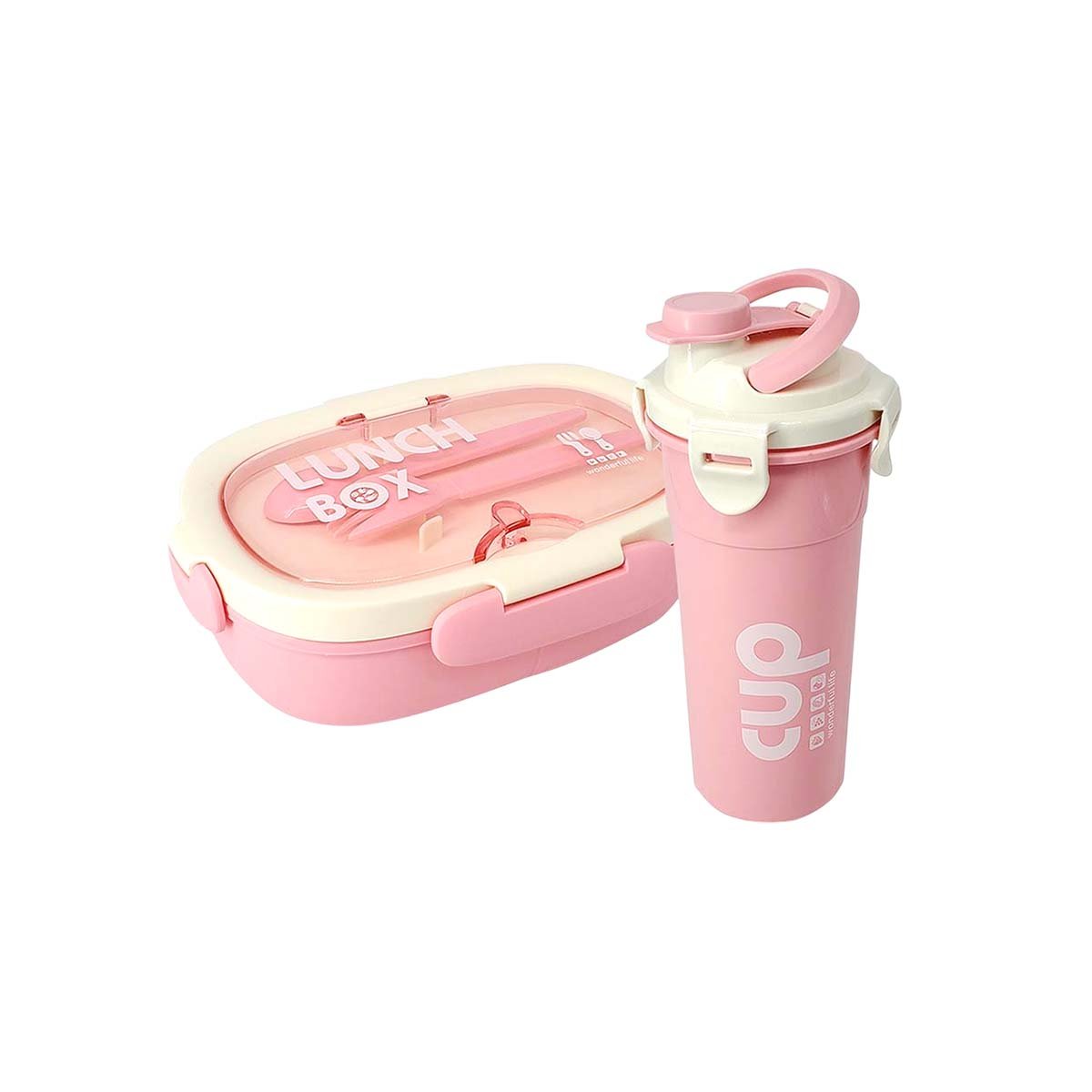 RECIPIENTE 850ML CON CUBIERTOS Y TOMATODO 480ML ROSADO PARA CASA Y+PAPEL REGALO - 1