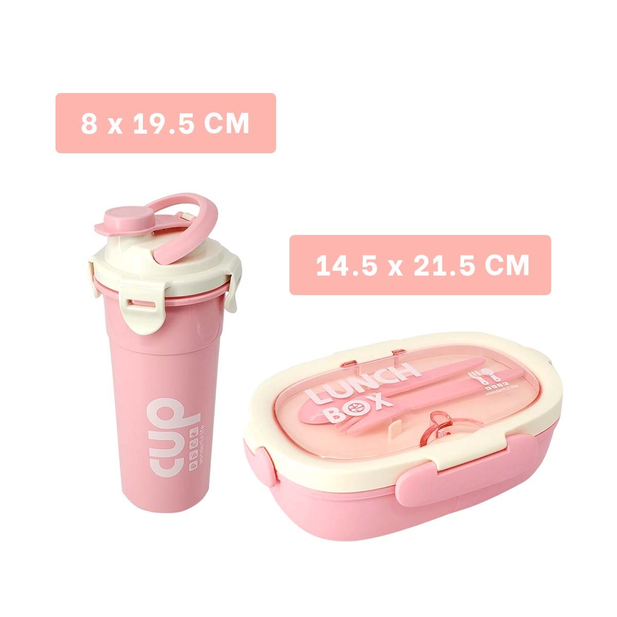 RECIPIENTE 850ML CON CUBIERTOS Y TOMATODO 480ML ROSADO PARA CASA Y+PAPEL REGALO - 4