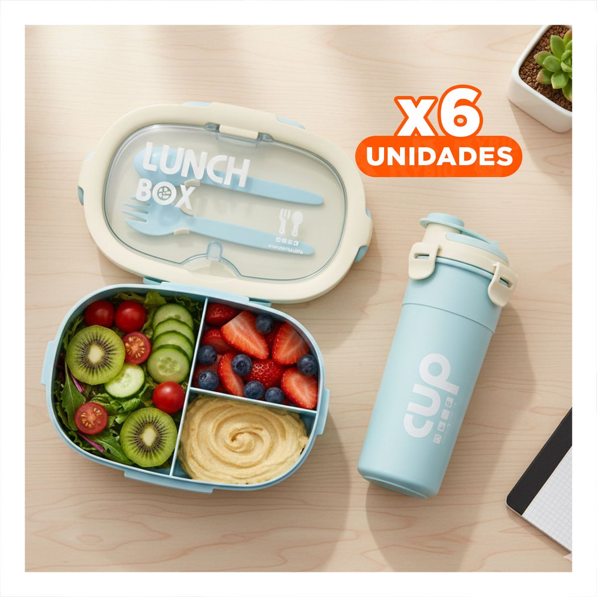 PACK6 PORTACOMIDAS 850ML CON CUBIERTOS Y TOMATODO 480ML CELESTE HERMETICO Y+REGALO STICKER - 1