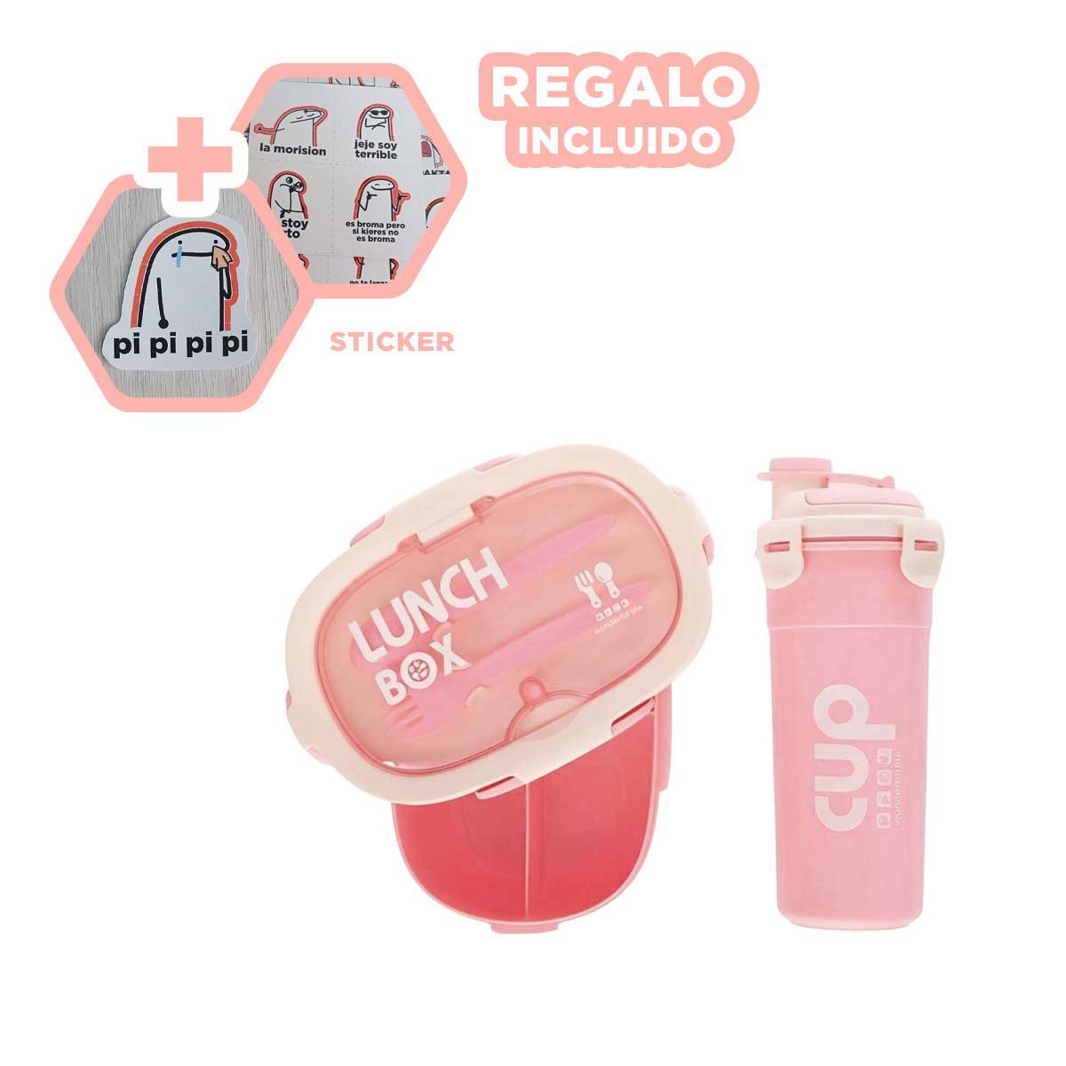 RECIPIENTE 850ML CON CUBIERTOS Y TOMATODO 480ML ROSADO PARA TRABAJO Y+REGALO STICKER - 1