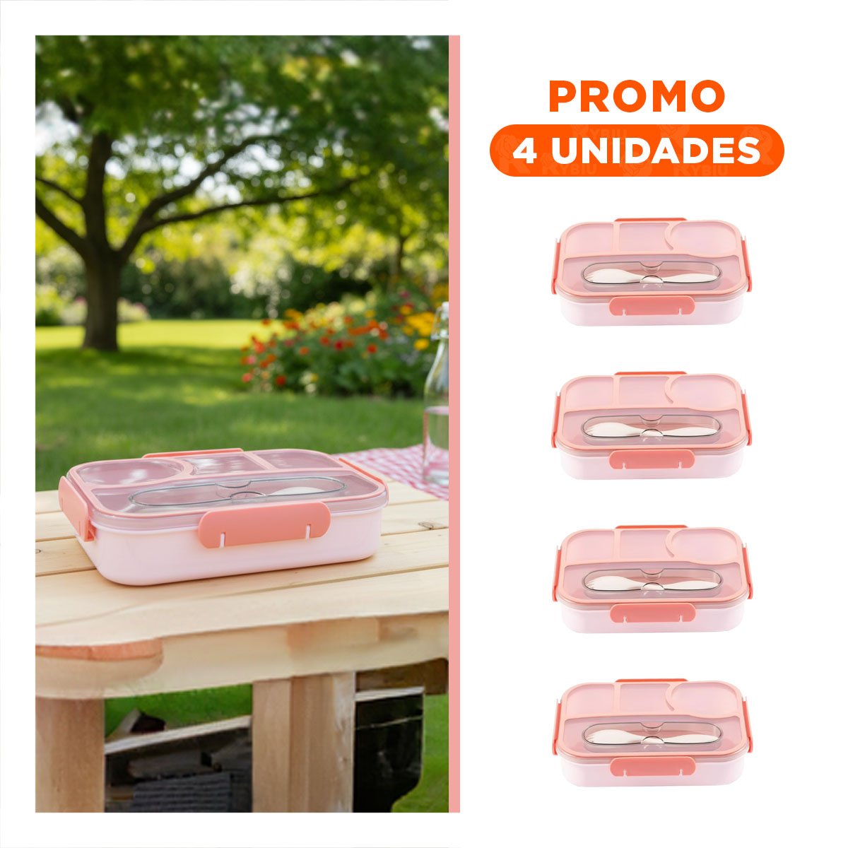 PACK4 ORGANIZADOR RECTANGULAR 4 ESPACIOS CON TENEDOR 1100ML ROSADO RESISTENTE Y+REGALO STICKER - 1