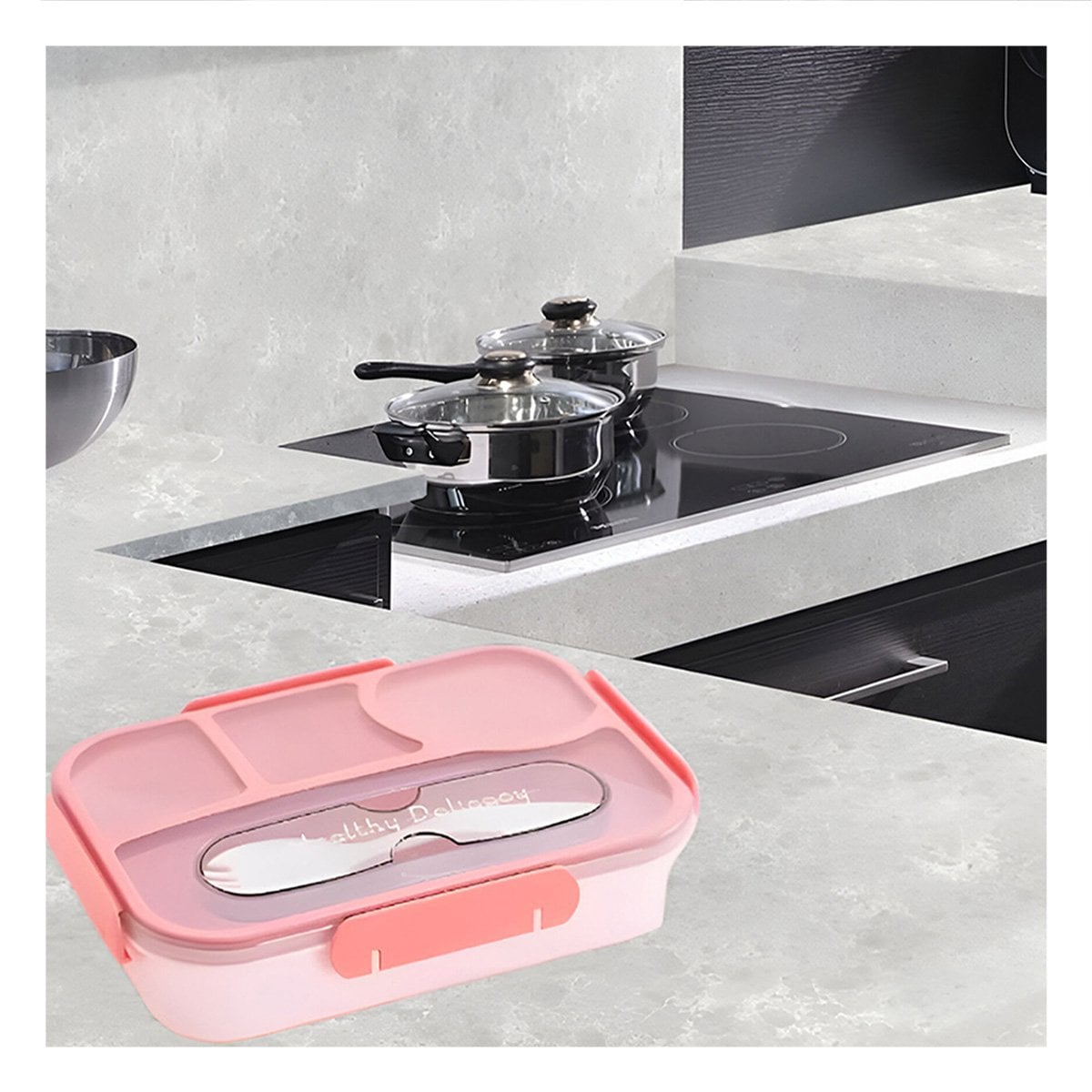 PACK4 ORGANIZADOR RECTANGULAR 4 ESPACIOS CON TENEDOR 1100ML ROSADO RESISTENTE Y+REGALO STICKER - 3