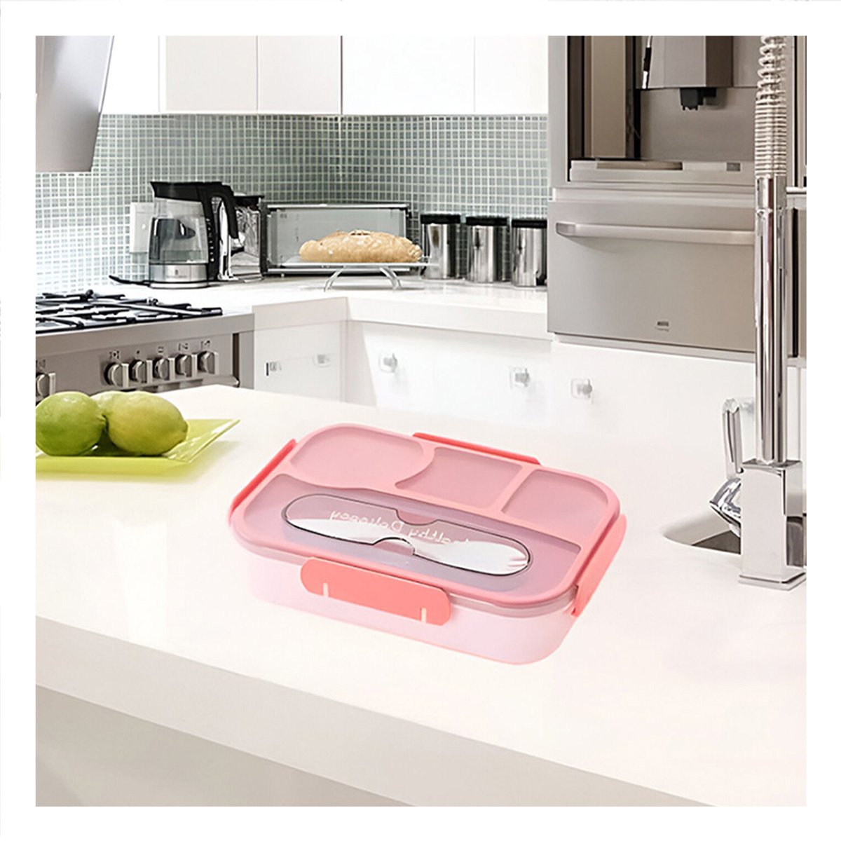 PACK4 ORGANIZADOR RECTANGULAR 4 ESPACIOS CON TENEDOR 1100ML ROSADO RESISTENTE Y+REGALO STICKER - 5