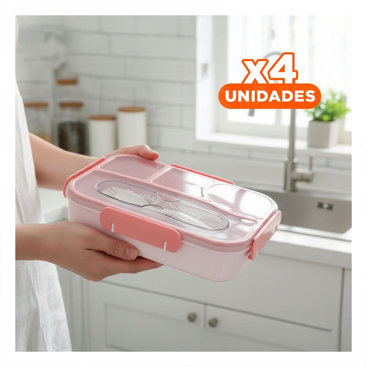 PACK4 ORGANIZADOR RECTANGULAR 4 ESPACIOS CON TENEDOR 1100ML ROSADO HERMETICO - 1