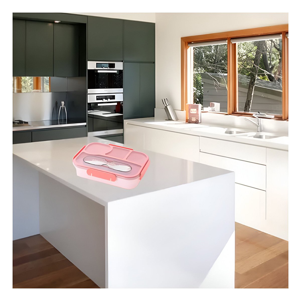 PACK4 ORGANIZADOR RECTANGULAR 4 ESPACIOS CON TENEDOR 1100ML ROSADO HERMETICO - 3