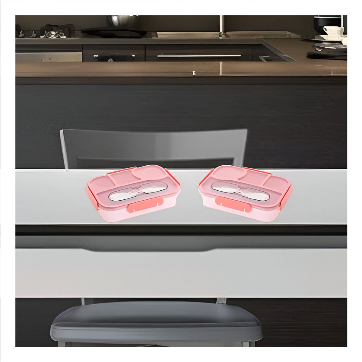 PACK4 ORGANIZADOR RECTANGULAR 4 ESPACIOS CON TENEDOR 1100ML ROSADO HERMETICO - 5