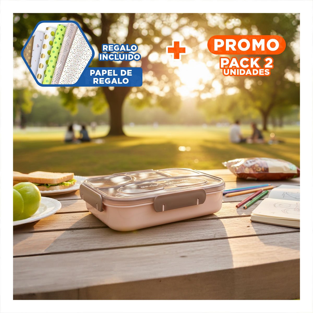 PACK2 LONCHERA RECTANGULAR 4 ESPACIOS CON TENEDOR 1100ML MARRON PRACTICO Y+PAPEL REGALO - 1