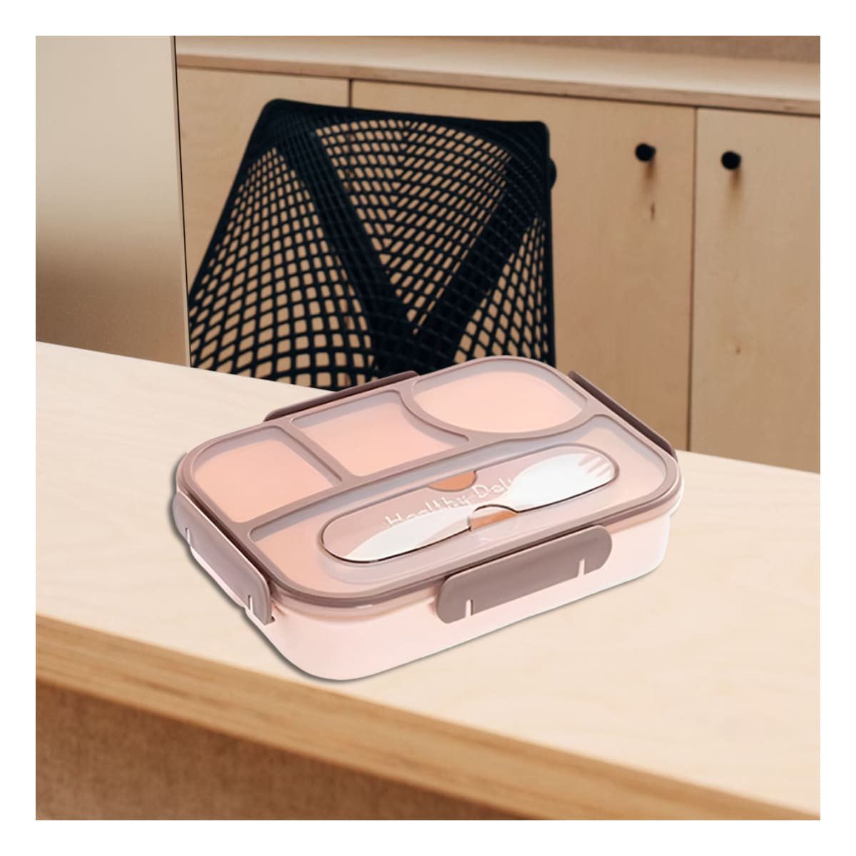 PACK2 LONCHERA RECTANGULAR 4 ESPACIOS CON TENEDOR 1100ML MARRON PRACTICO Y+PAPEL REGALO - 2