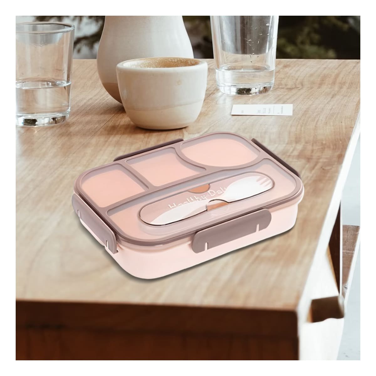 PACK2 LONCHERA RECTANGULAR 4 ESPACIOS CON TENEDOR 1100ML MARRON PRACTICO Y+PAPEL REGALO - 5