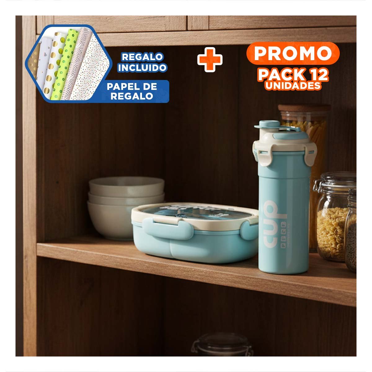 PACK12 PORTACOMIDAS 850ML CON CUBIERTOS Y TOMATODO 480ML CELESTE RESISTENTE Y+PAPEL REGALO - 1