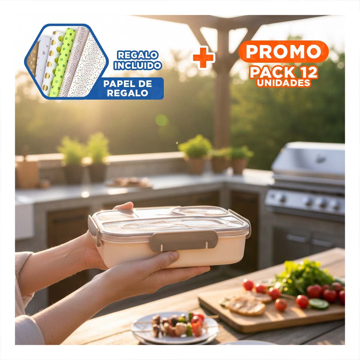 PACK12 PORTACOMIDAS RECTANGULAR 4 ESPACIOS CON TENEDOR 1100ML MARRON RESISTENTE Y+PAPEL REGALO - 1